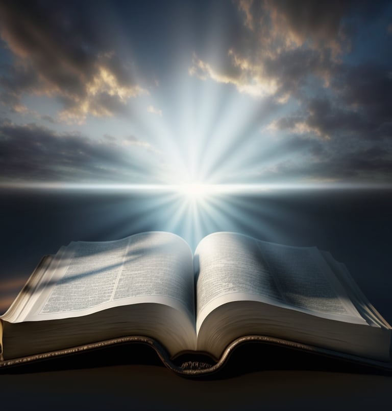 Bible in the foreground with bright light shining on a partly cloudy sky and a dark surface below.