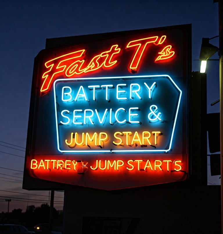 Neon sign at auto shop that says "Fast T's Battery Service & Jump Starts"