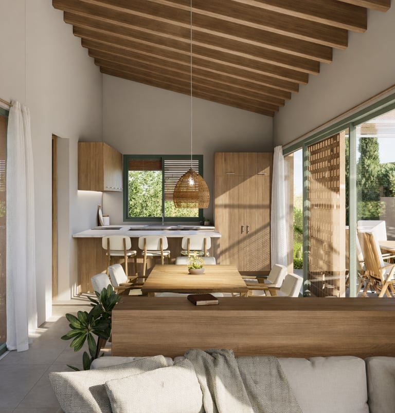 Obra nova a la Costa Brava. Sala d'estar - Cuina - Menjador. Espai Diafan. MATE Studio