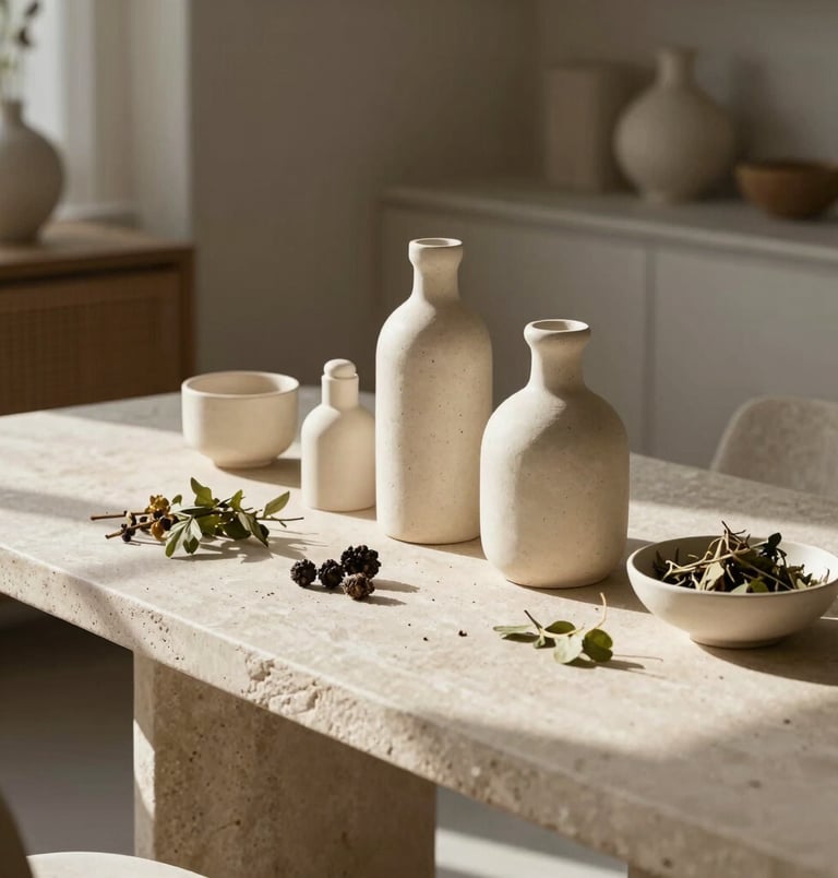 A serene editorial photograph capturing an artisan studio setting in an International / Japandi Luxury home. Natural sunlight streams onto a smooth stone table holding handmade ceramic bottles and raw botanical ingredients. The scene features light ivory and warm beige tones with soft tactile textures and quiet elegance.