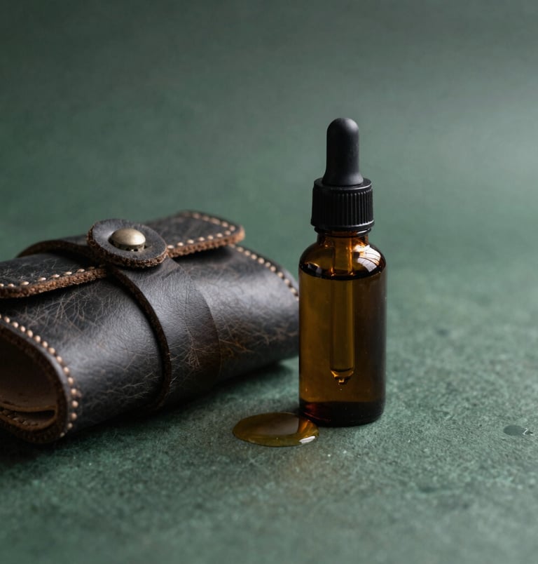 Detailed macro photograph of hand-poured organic essential oil in an amber glass dropper bottle resting beside a handcrafted leather accessory. Set in an International / Japandi Luxury sanctuary with dark forest green and earthy charcoal undertones, featuring soft shadows and minimalist natural composition.