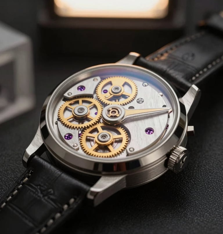 A close-up photograph of an ultra-luxury vintage mechanical watch mechanism, showcasing gold gears and intricate Swiss craftsmanship. Set against a dark, minimalist showroom background with soft warm lighting. Exquisite, high-end, quiet luxury aesthetic.