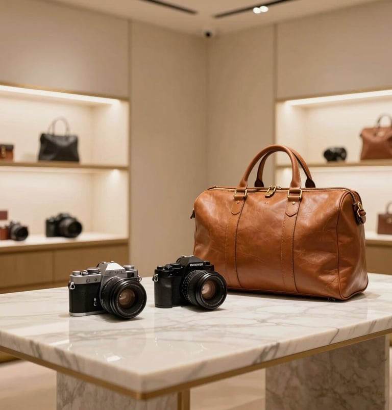 A minimalist editorial style photograph of a rare luxury camera and fine leather travel bag arranged on a sleek marble table in an exclusive boutique showroom. Clean lines, generous whitespace, warm golden ambient lighting.