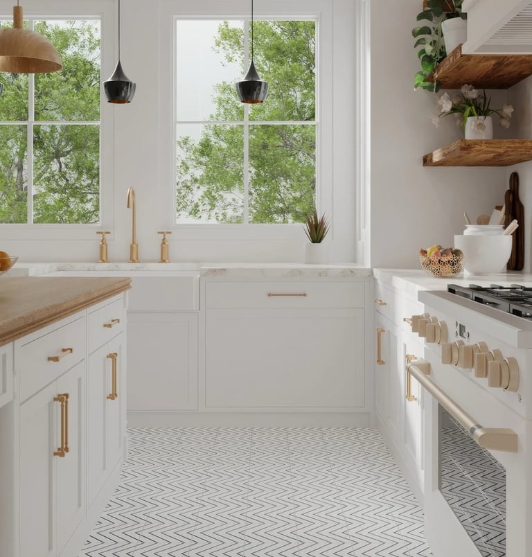Pristine white kitchen with rose gold handles and taps