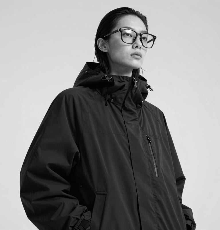 An editorial portrait of a model looking away in an oversized black technical windbreaker and structural eyewear, shot from a low angle. High contrast monochrome photography, clean studio setting, North American / International.