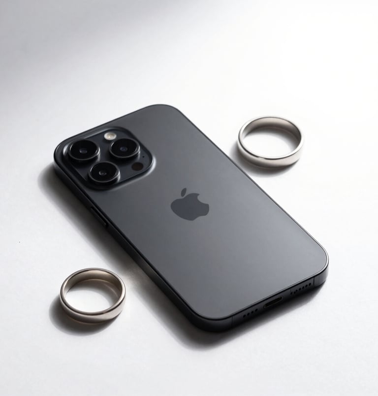 An editorial, high-contrast studio photograph of a sleek matte black futuristic smartphone sitting next to minimalist silver metal rings. White background, hard shadows, high fashion style.