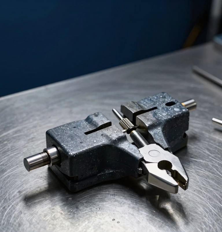 Professional studio photography of a high-quality jeweler's hand vice and precision pliers resting on a clean steel workbench. The scene is illuminated by focused spot lighting, highlighting the metallic texture and durable build of the tools. The background is a soft-focus dark navy blue and slate blue.