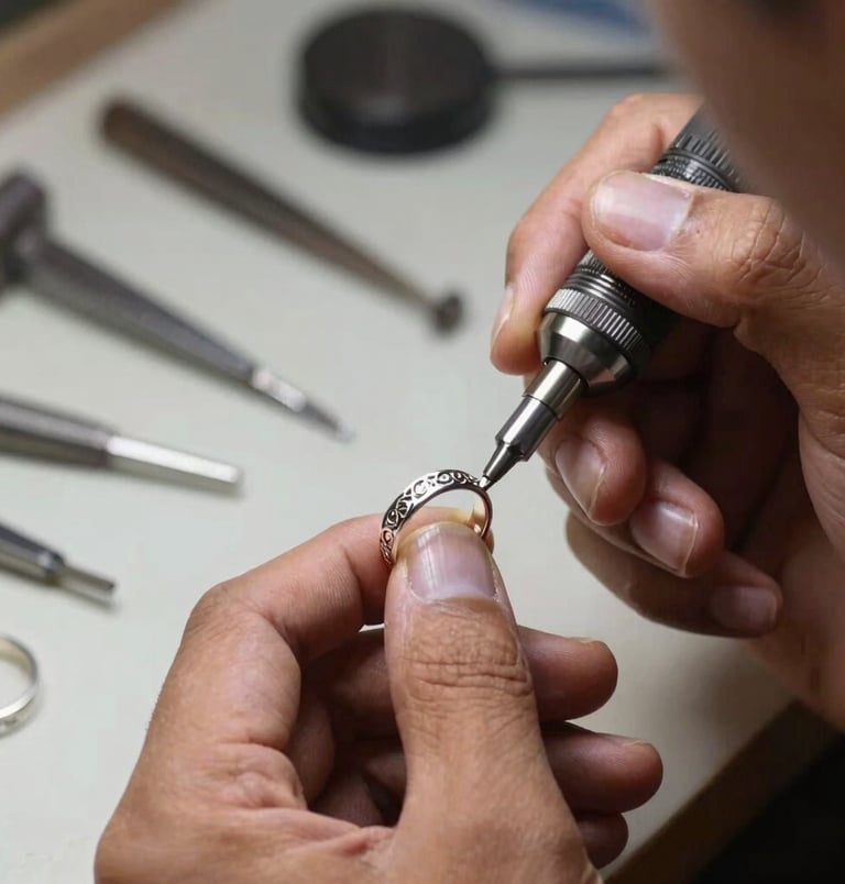 The hands of an Indonesian jewelry maker in a well-lit workshop, using a specialized micro-engraving handpiece to sculpt fine filigree details on a silver ring, with soft focus on steel tools in the background.