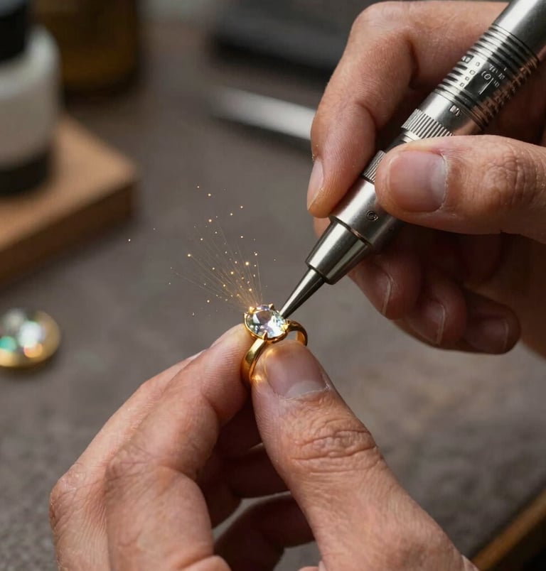 A stunning macro photo of an Indonesian artisan's hands polishing a sparkling gemstone set on a gold ring mount using a professional high-speed rotary tool, with soft golden sparkles in the air.