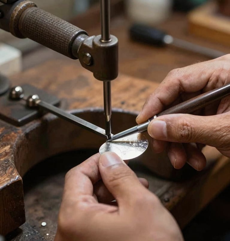 Close-up macro photography of hands using a professional jeweler's saw to delicately cut a silver sheet. Set in a traditional Southeast Asian / Indonesian jewelry workshop with warm, precise workspace lighting. High-durability equipment, focusing on the metallic gleam and professional design of the tool.