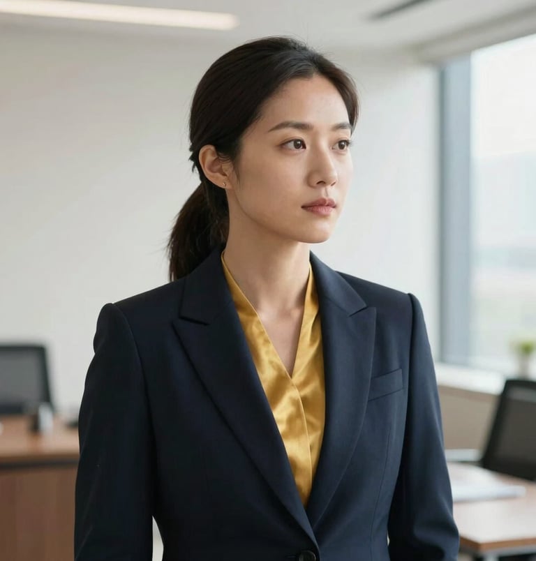 Medium-close editorial portrait of a female lawyer, thoughtful and professional, in a well-lit, minimalist office setting, soft natural daylight, deep navy and warm gold accents, shallow depth of field, 35mm, looking towards the right