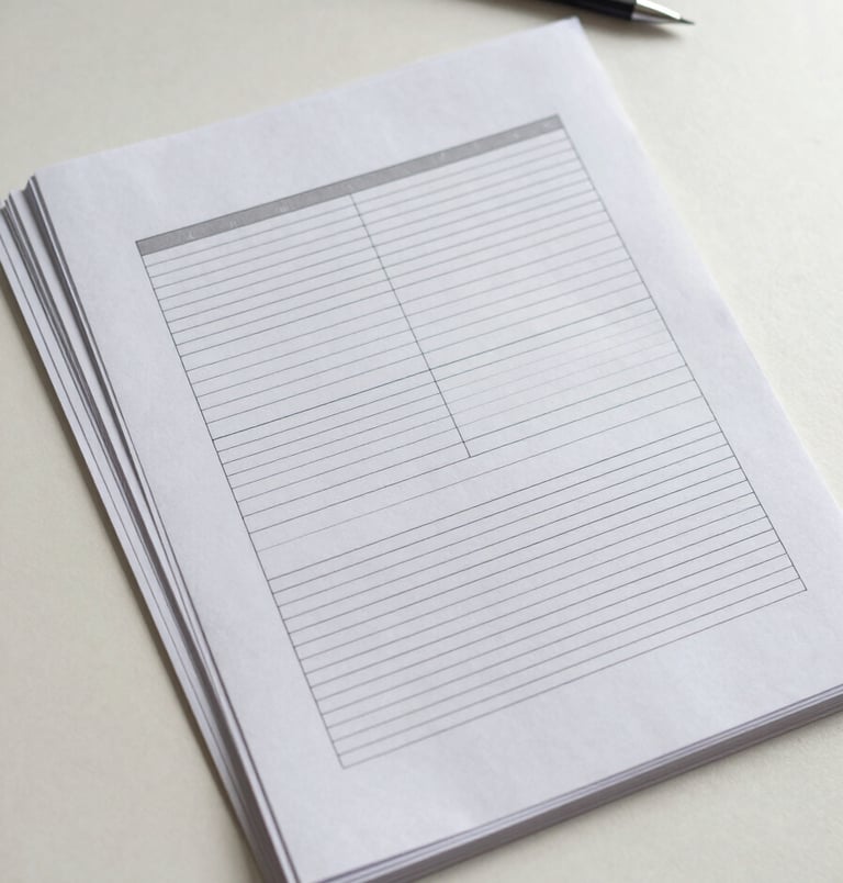 Overhead flat-lay of a printed PDF report on a clean pale desk, pages fanned slightly, a fine mechanical pencil resting across the top corner, cool even studio lighting, no text legible, document structure visible as ruled blocks