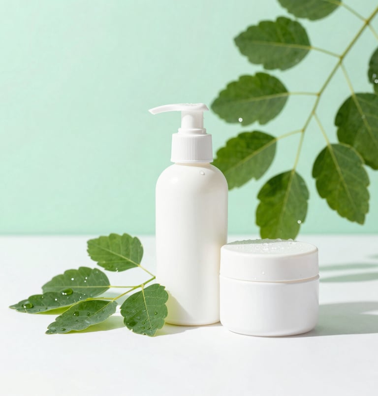 A clean, high-end studio product photograph of a white cosmetic bottle and jar. The products are set against a soft, pale mint green and pure white background. Next to the bottles are green Moringa leaves with fresh water droplets. The lighting is bright, soft, and clinical, reflecting a serene and professional scientific aesthetic. South American / Brazilian botanical setup.