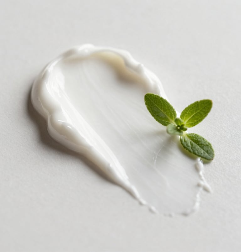 A close-up, high-detail macro photograph of a rich, luxurious white cream texture being smeared on a clean, light surface, beautifully accented by fresh herbal leaves. Soft shadows, clean minimalist presentation, with calming tones of sage green and soft white. South American / Brazilian context.