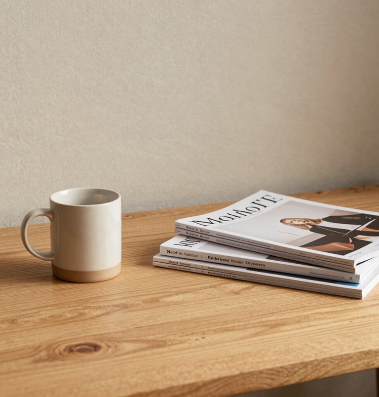 An inspiring home studio workspace featuring a warm light wood desk, a premium ceramic mug, beautiful design magazines stacked neatly, and a soft beige linen background, North American / Modern Western.