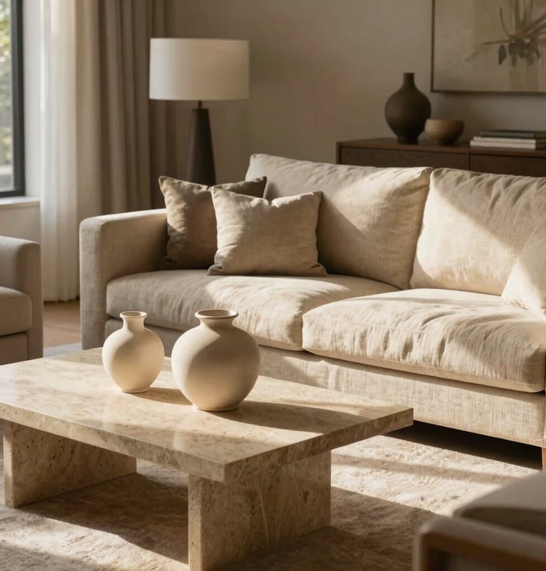 An airy, beautifully designed modern living room showcasing high-end home decor. A comfortable linen sofa in warm beige color, elegant ceramic vases on a minimalist travertine coffee table, and soft natural sunlight casting gentle shadows. The room exudes a sophisticated and warm atmosphere, North American style.