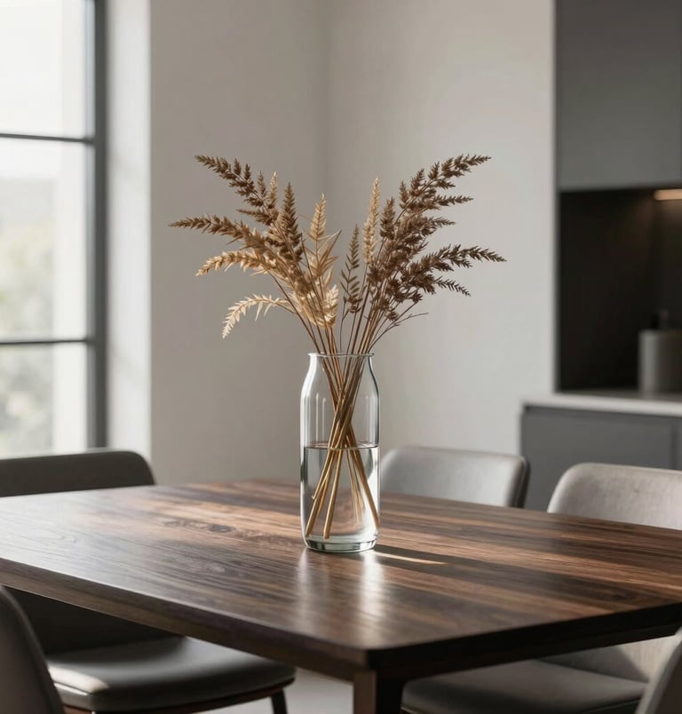 An elegant, sunny dining area showing a minimalist dark wooden table adorned with a single clear glass vase holding neutral dried stems, clean lines, North American / Modern Western.