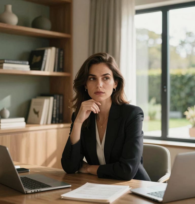 A professional portrait of a modern business owner, a sophisticated woman looking thoughtfully towards the camera in a bright, sunlit home office. The interior features elegant warm taupe and deep sage accents, custom oak shelves with design books, and a large window looking onto a soft garden background. Modern Western style, premium lifestyle magazine aesthetic.