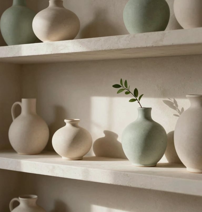 Artistic detail shot of natural light streaming onto a curated plaster wall shelf with delicate ceramic vessels and a tiny sprig of greenery, styled elegantly in soft beige and sage green tones, North American / Modern Western.