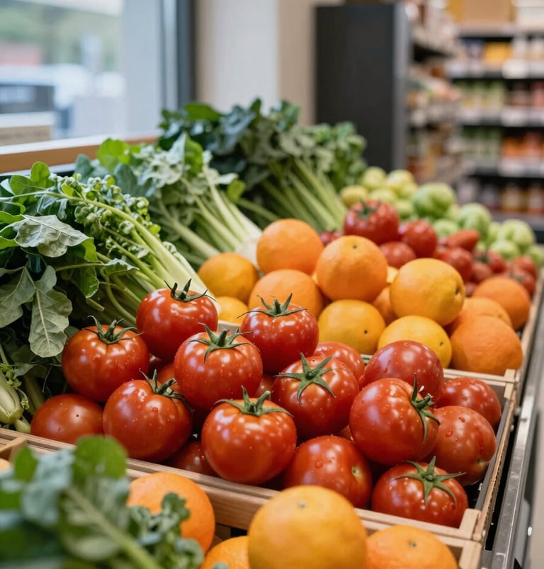 Close-up documentary shot of hortifrúti display bins overflowing with tomatoes, leafy greens and oranges, natural window light from the left, textures vivid and real, no people, ambient supermarket background