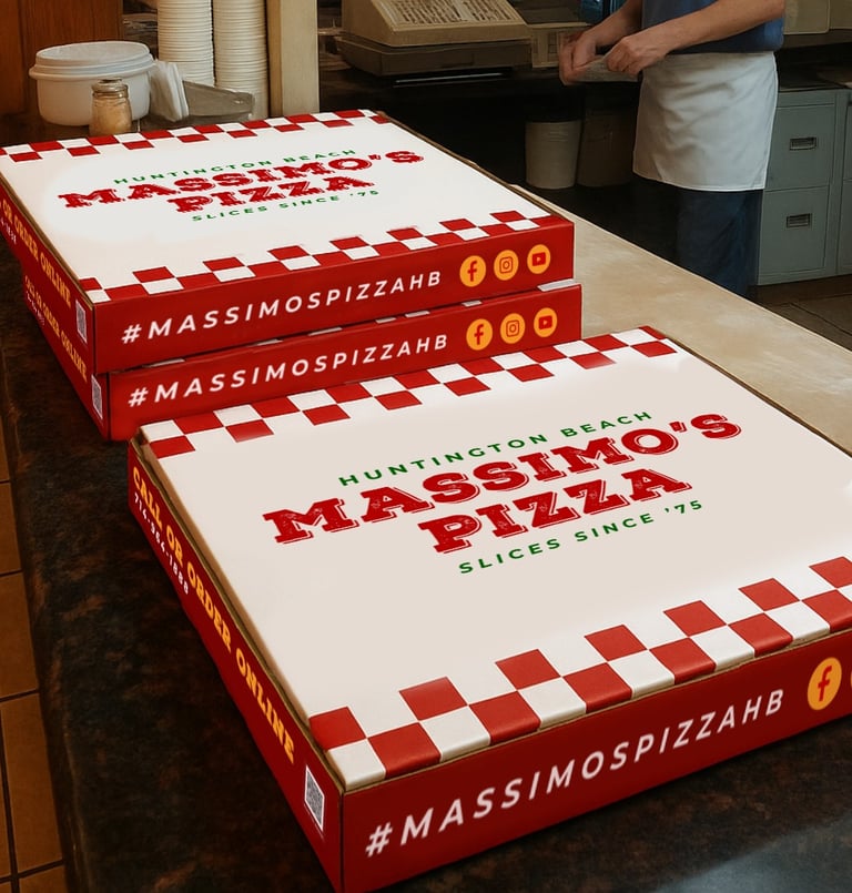 Massimo’s Pizza rebrand packaging with red and white checkered pizza