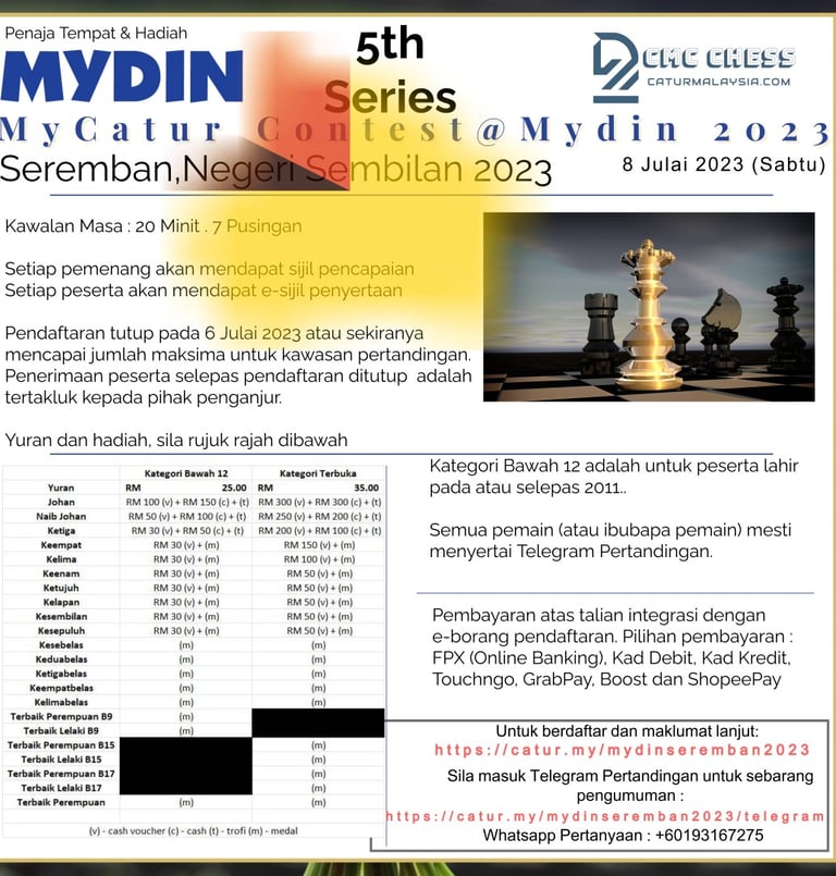 [CMC] MyCatur Contest Mydin 2023. Catur Malaysia. Chess Clicks. Malaysia Chess Tournaments