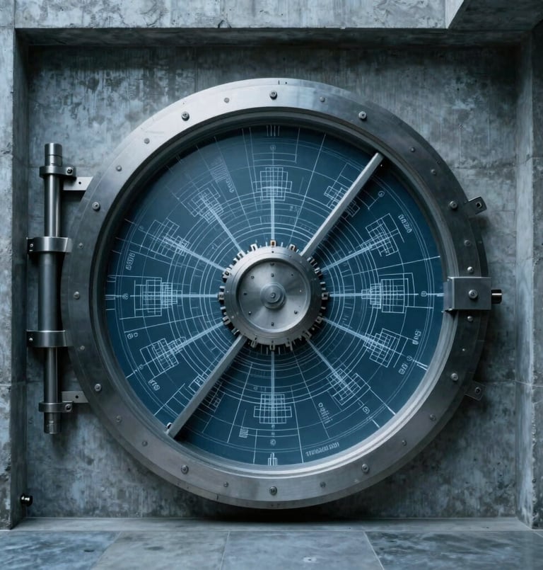 Abstract quantum physics diagram overlaid with blueprints of a secure vault, cold blue and slate tones, sharp focus on intricate details.