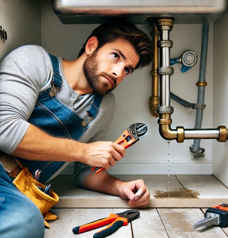 A professional handyman in London repairing a leaking pipe under a sink.