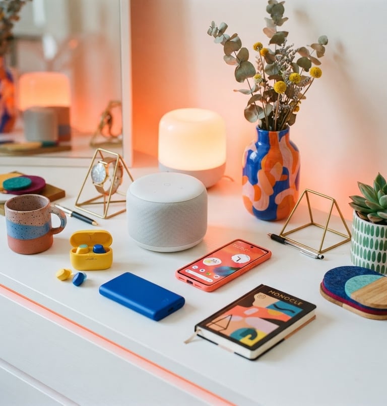Vibrant lifestyle product photography of sleek modern gadgets and colorful home decor arranged neatly on a clean white surface, bright high-key lighting with soft neon orange ambient glow, sharp focus, 35mm