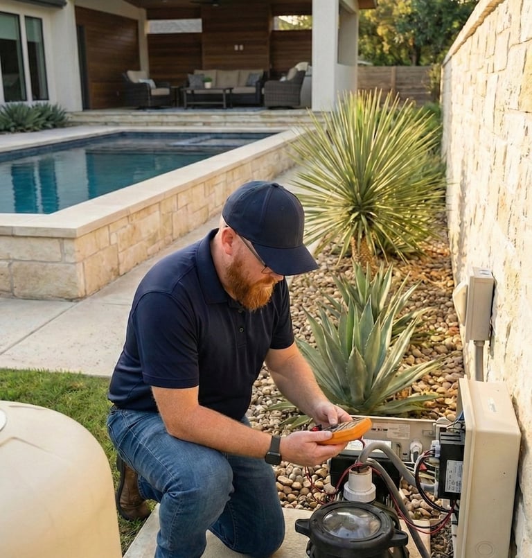 Pool technician testing pool pump electrical components.