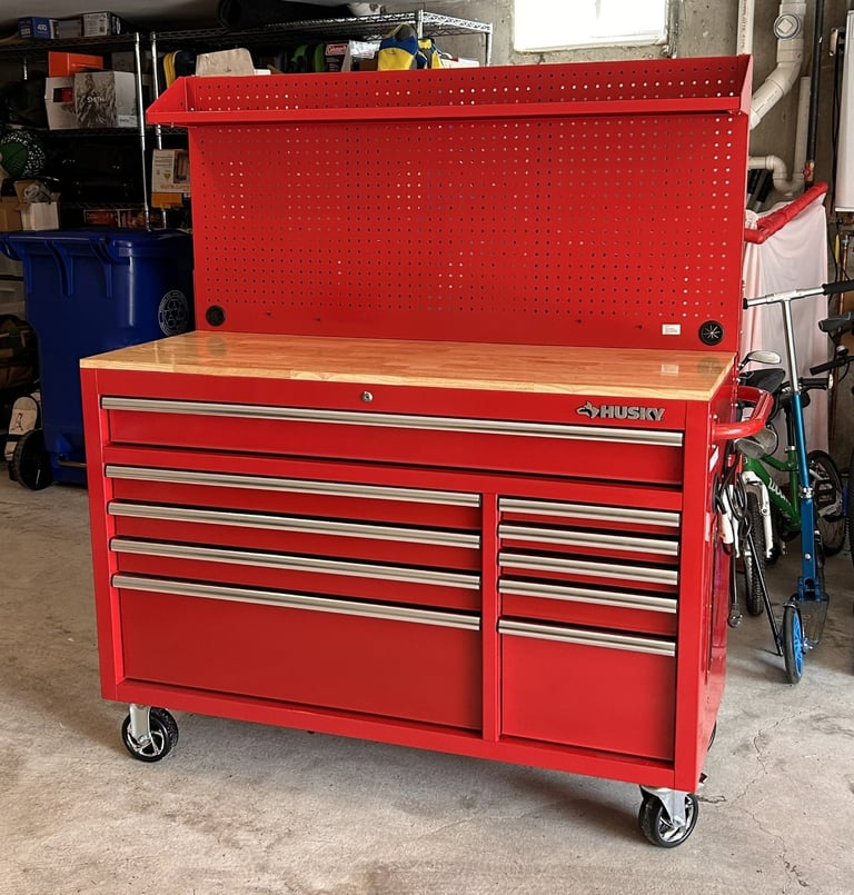 10-drawer Husky mobile workbench with wood top fully assembled
