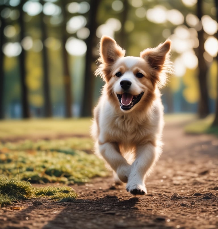 a small white dog running across a road