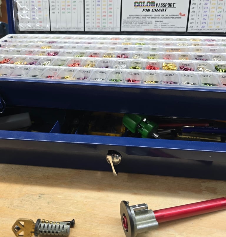 Close up of pins in a door knob representing residential and commercial rekey services of Swannanoa