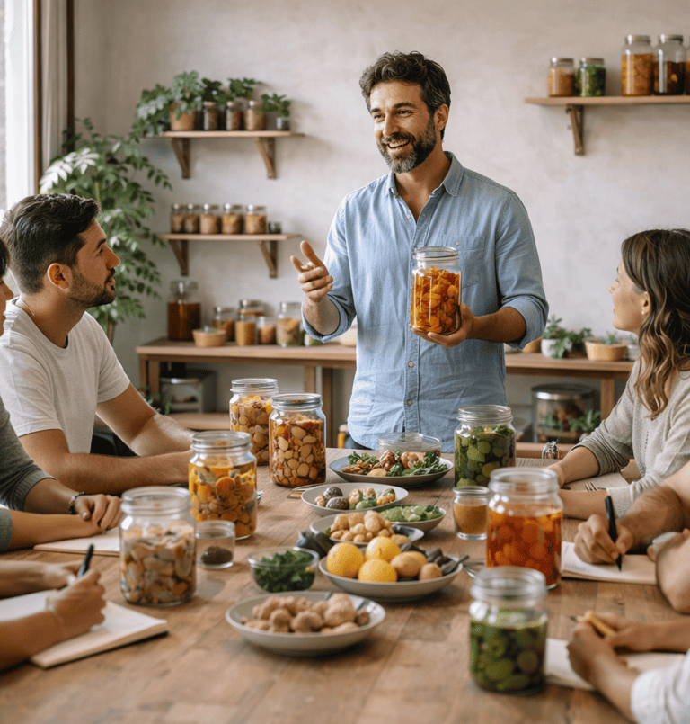 Un hombre compartiendo un taller de fermentos a un grupo de alumnos. 