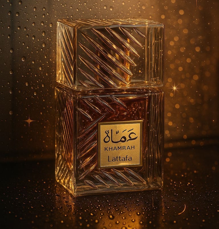 Lattafa Khamrah Perfume in a gold background a perfume bottle with a gold foiled label on it