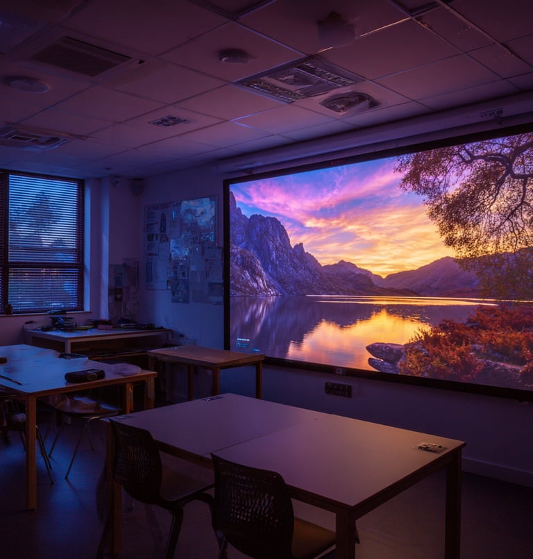 a classroom with a projection screen showing a sunset