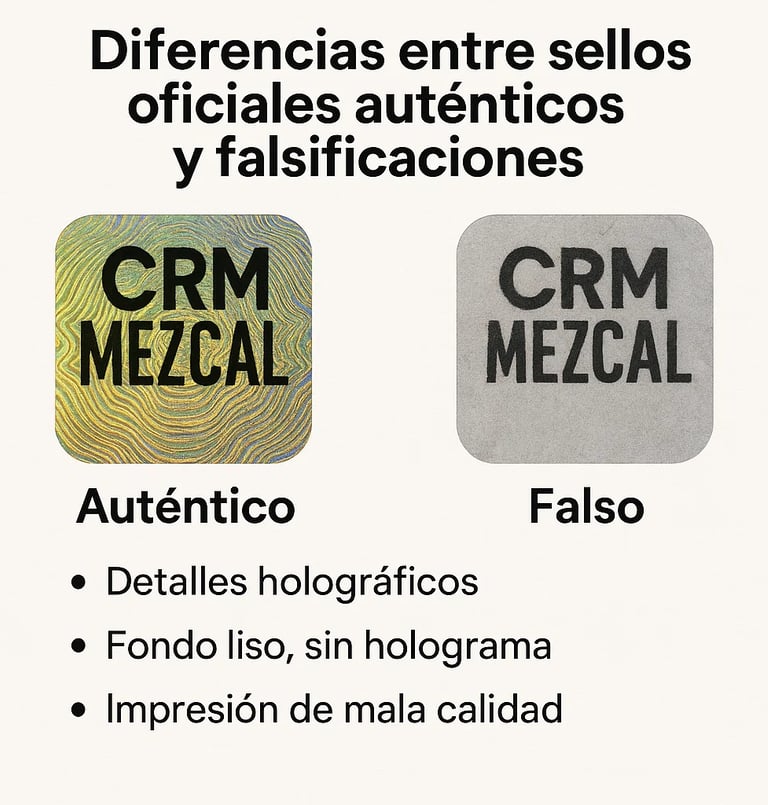Comparación entre etiqueta transparente de mezcal auténtico y etiqueta opaca genérica