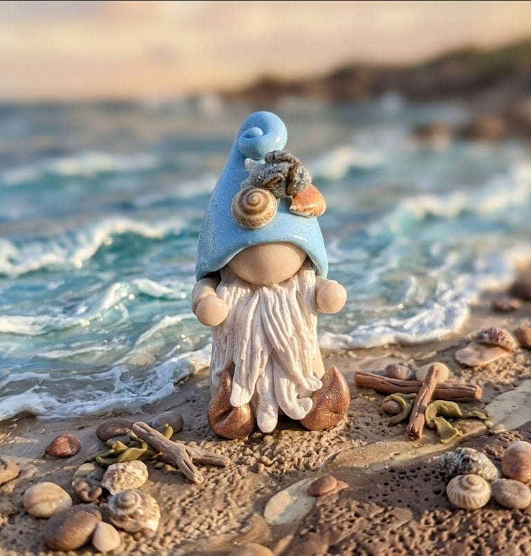 A handcrafted beach gnome with a blue hat and seashells sitting on a sandy shore by the ocean waves.