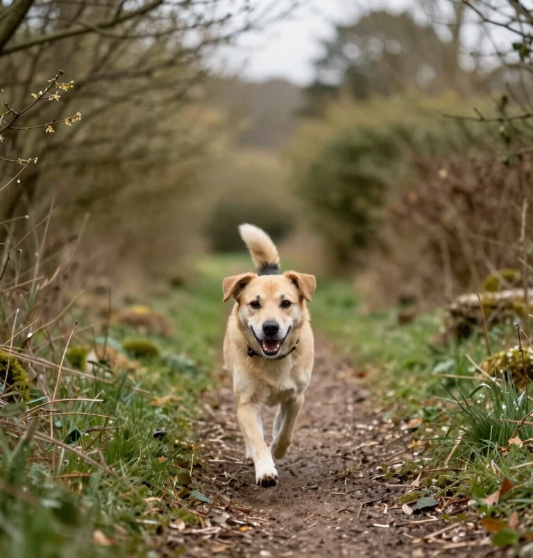 An active dog happily trotting along a quiet woodland trail in Oxfordshire, soft overcast daylight, natural earthy greens, 35mm