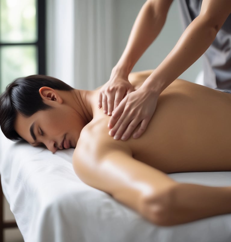 Certified massage therapist gently working on a client's shoulders with focused attention.