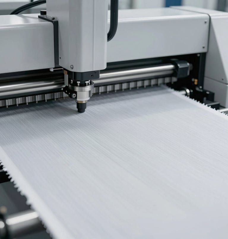 Extreme close-up of a high-precision automated fabric cutting machine slicing technical performance textile, cool desaturated tones, sharp focus.