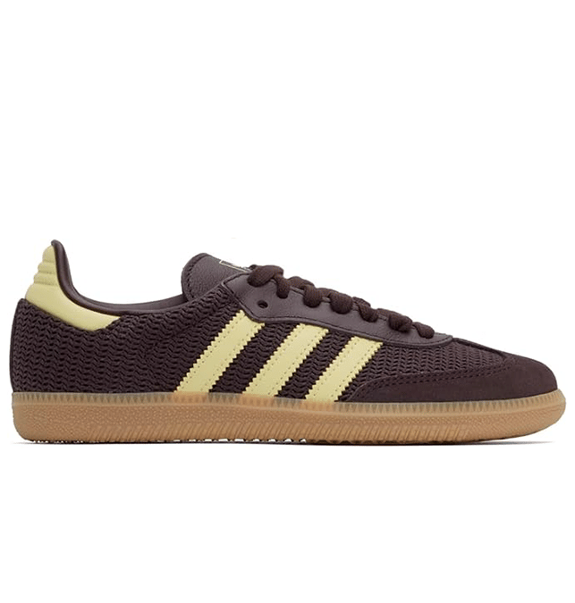 Adidas Samba sneaker in chocolate brown with cream stripes and gum sole, styled for women’s fall str