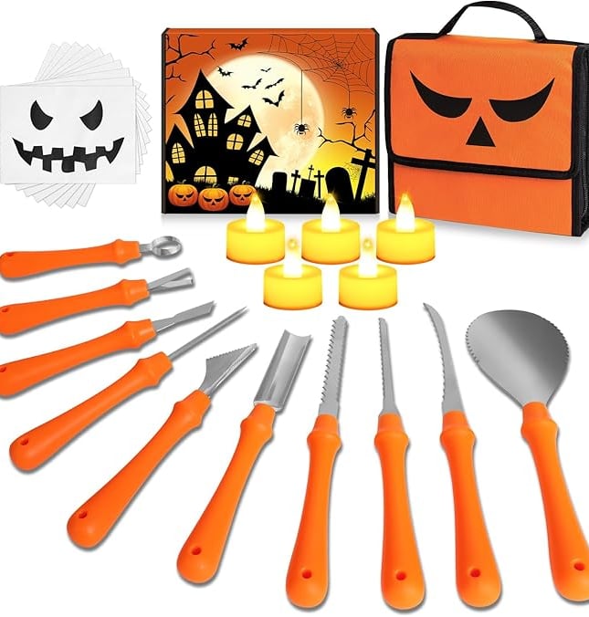 Complete Halloween pumpkin carving kit with 11 orange-handled stainless steel tools, 4 battery-opera