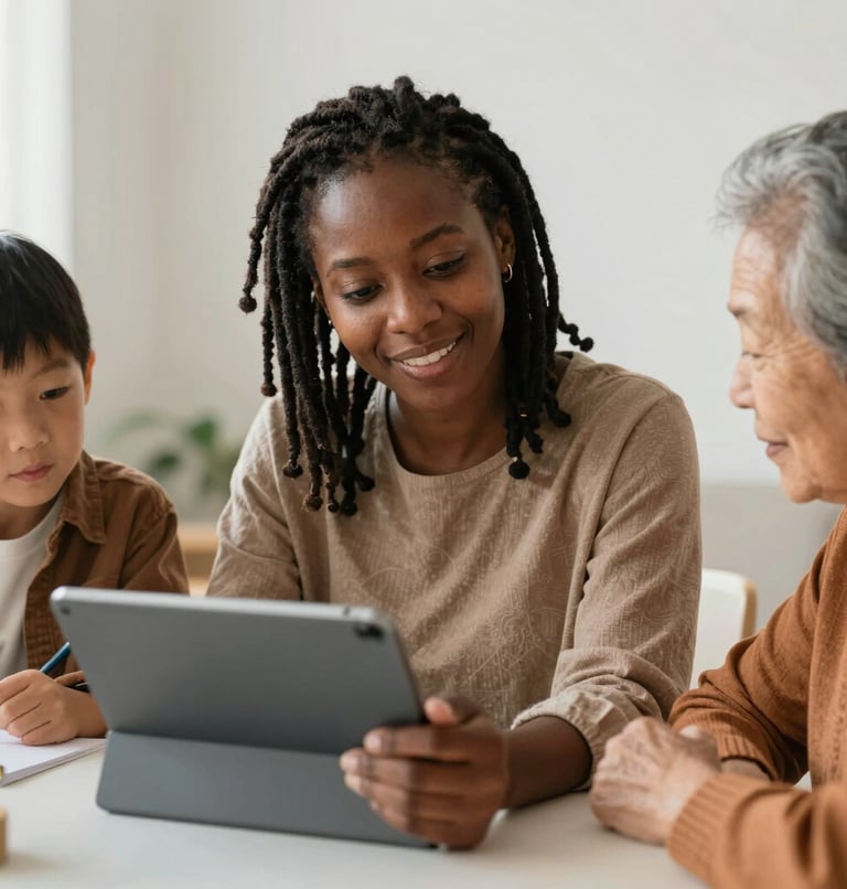 Three women interacting indoors with soft lighting.