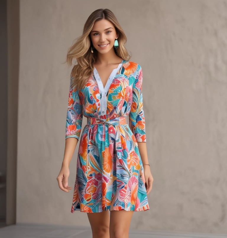 A bright and cheerful photo of a woman wearing a colorful fitness outfit outdoors.