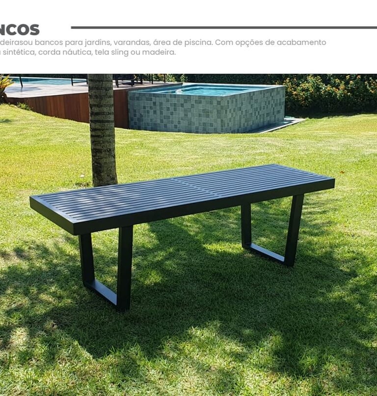 Móveis assentos: bancos alto padrão feitas em alumínio, madeira, corda náutica, fibra sintética