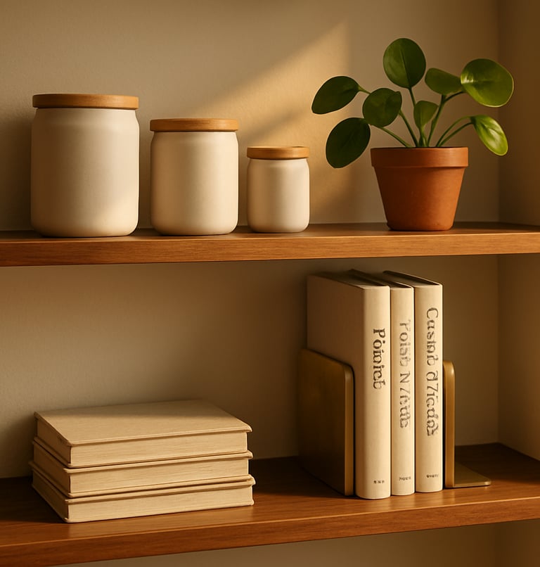 A minimalist, organized shelving system with clean lines and soft, warm tones.