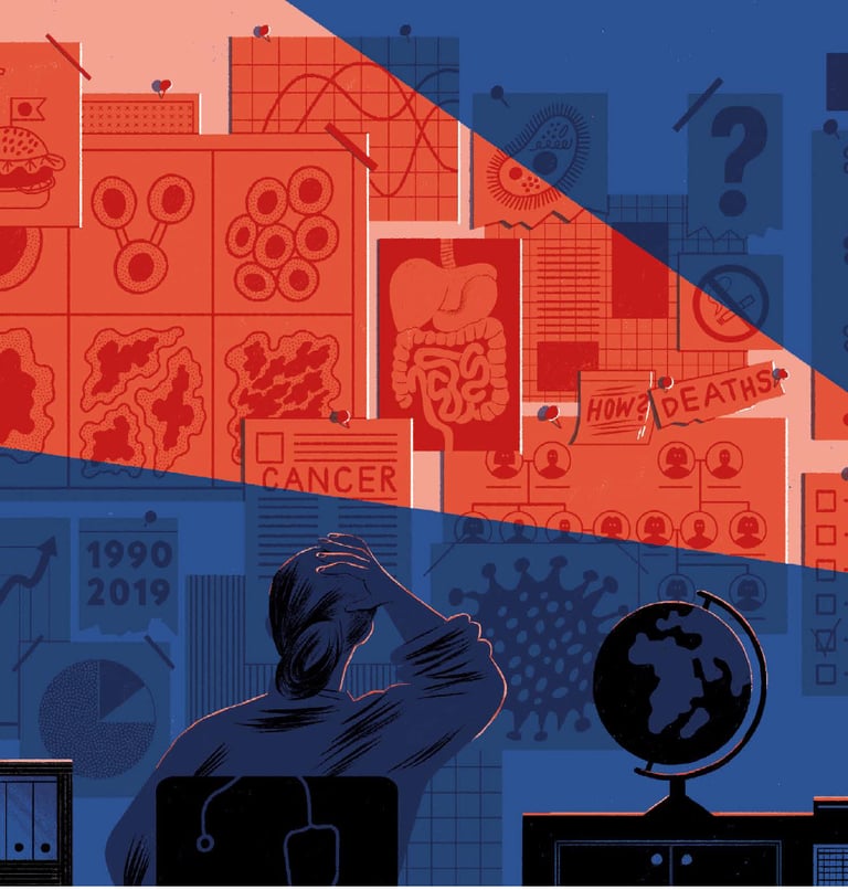 a man sitting at a desk with a globe in the background