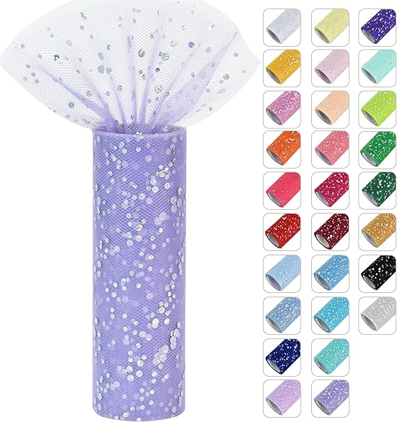 Light purple glitter tulle roll, 6 inches by 10 yards, with sequins for crafts, weddings, and party 