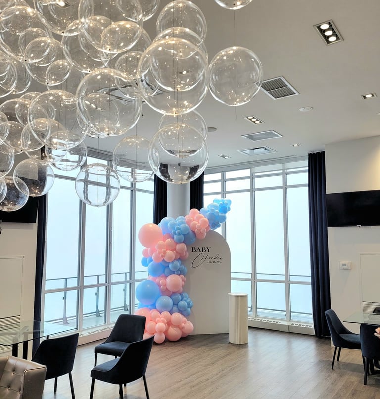 baby blue and pink baby shower balloon backdrop rental